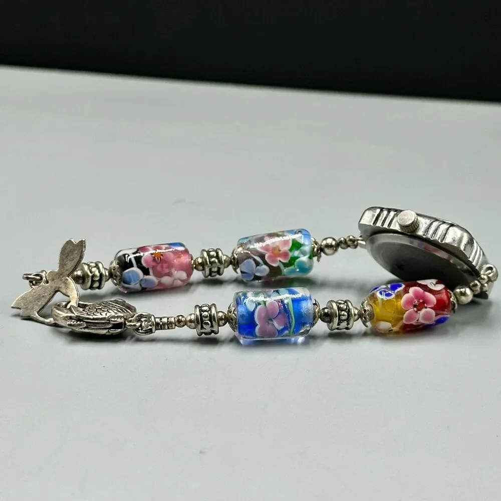 Geneva Watch Women Silver Tone Floral Glass Bead Bracelet New Battery 7 Inch
